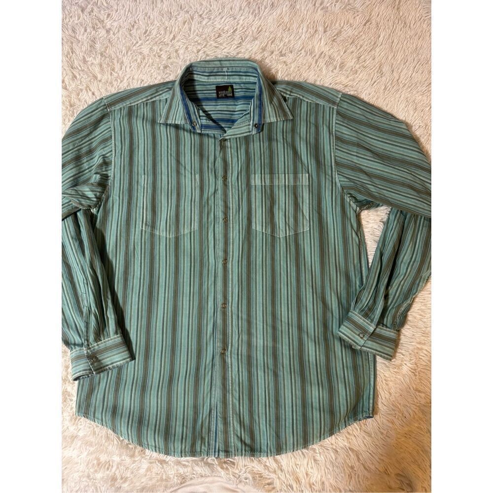 Weekendz off reversible long sleeve aqua Men's stripe button-up with chest pocke